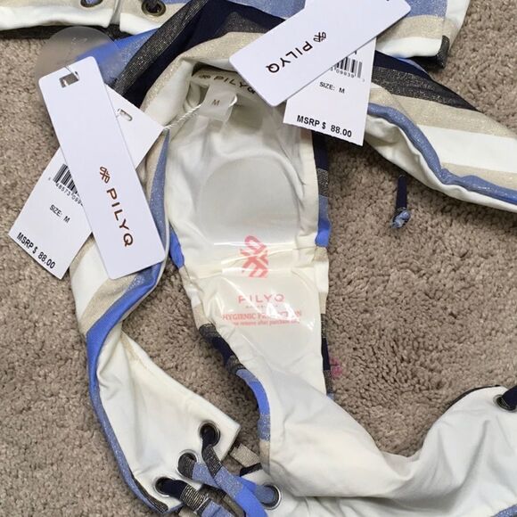 Rare. PILYQ metallic navy, blue, tan, cream stripe lace up bikini. NWT - Picture 12 of 14